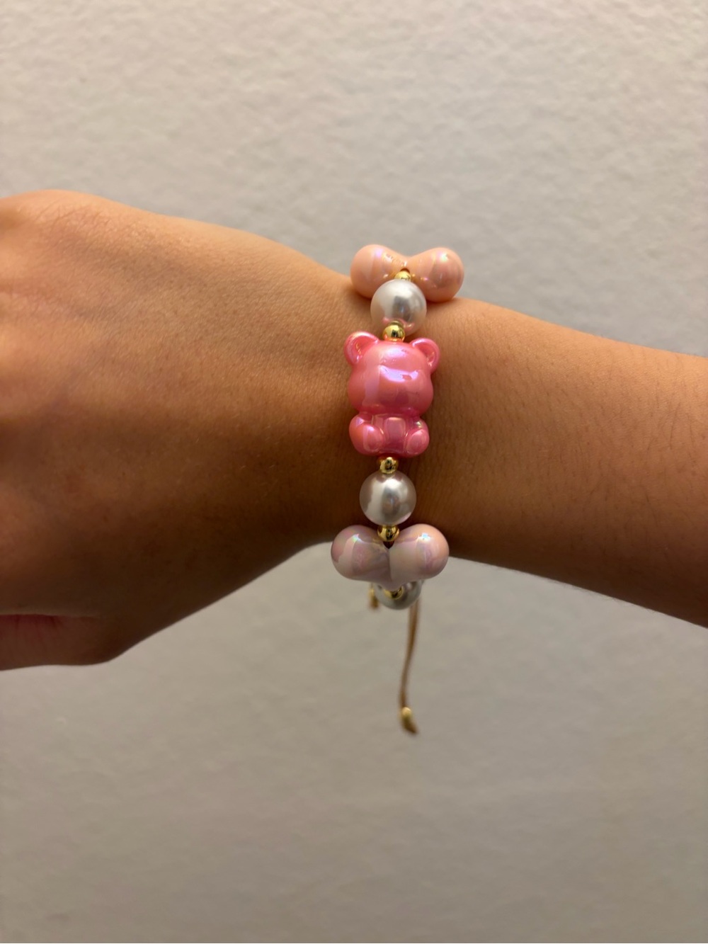 Pink Bear Charm Beaded Bracelet with Pearl Accents